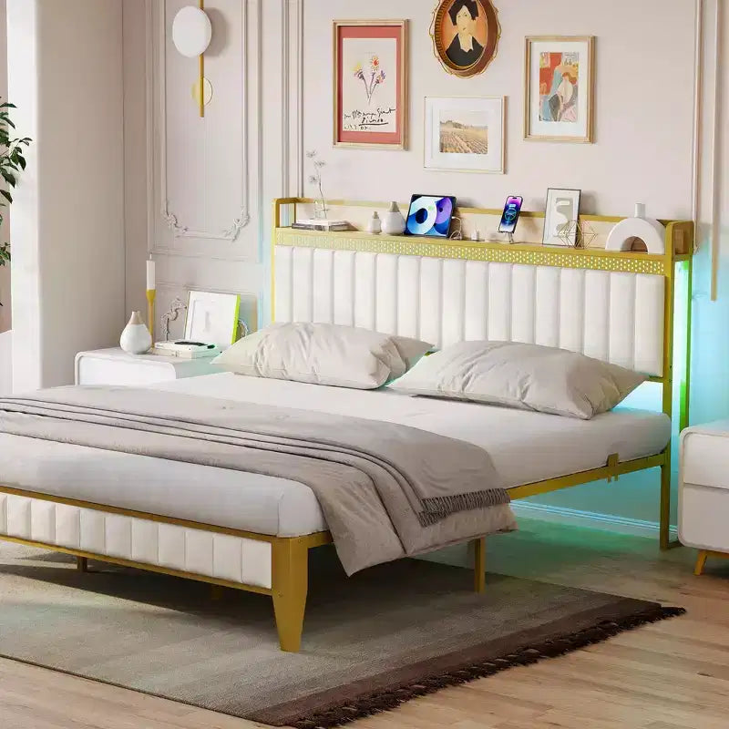 King Size Platform Bed Frame with Storage Headboard Built-In Charging Station, No Box Spring Needed, Easy Assembly, White