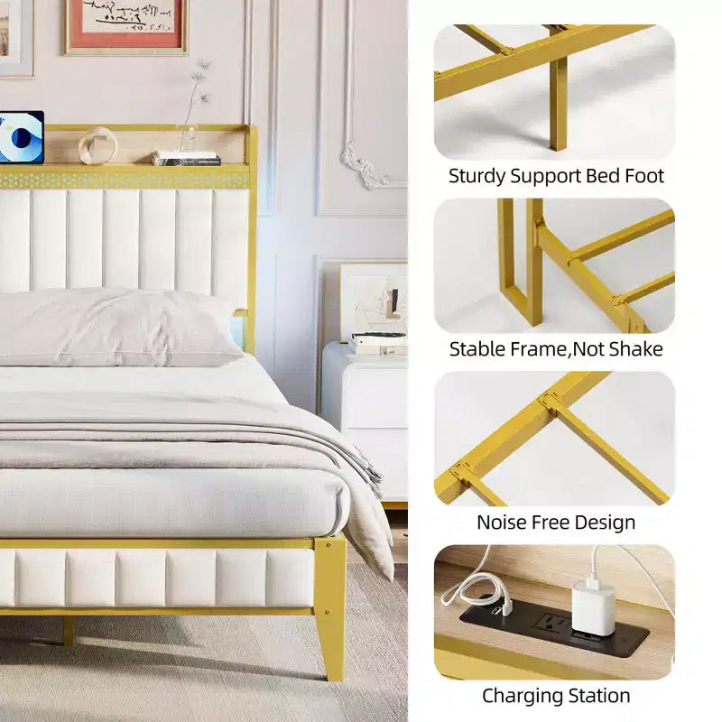 King Size Platform Bed Frame with Storage Headboard Built-In Charging Station, No Box Spring Needed, Easy Assembly, White