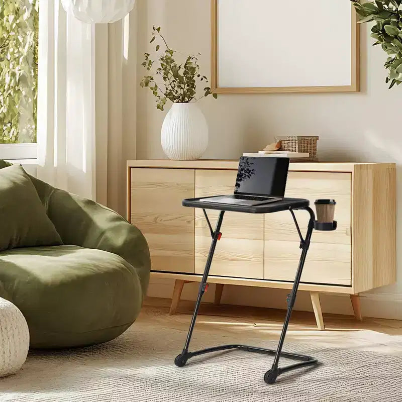 FurnitureR Adjustable Folding TV Tray with 4 Height & 3 Tilt Angle, Foldable Dinner Trays Laptop Snack Table with Cup Holder Sofa, 1PC. Black