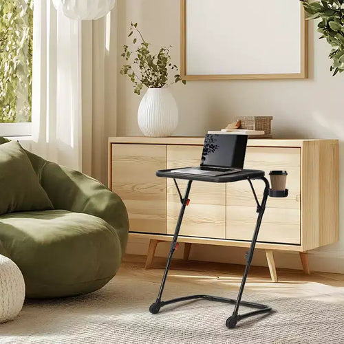 FurnitureR Adjustable Folding TV Tray with 4 Height & 3 Tilt Angle, Foldable Dinner Trays Laptop Snack Table with Cup Holder Sofa, 1PC. Black