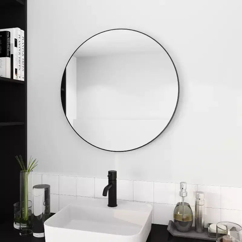 Okak 24IN Modern Bathroom Mirror with Aluminum Alloy Frame, Round Mirror, Vanity Mirror for Living Room, Bathroom, Bedroom, Black
