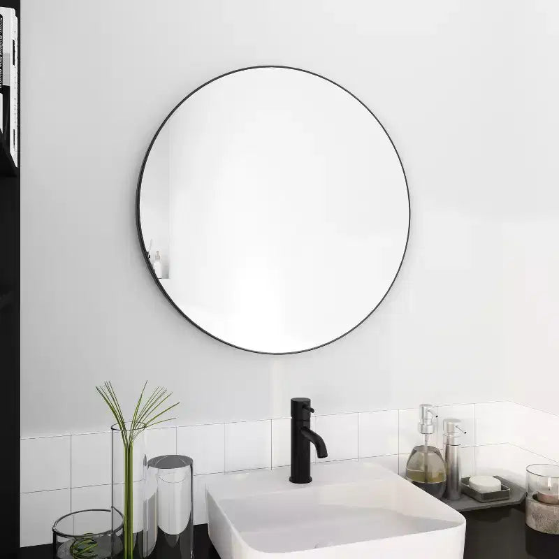 Okak 24IN Modern Bathroom Mirror with Aluminum Alloy Frame, Round Mirror, Vanity Mirror for Living Room, Bathroom, Bedroom, Black