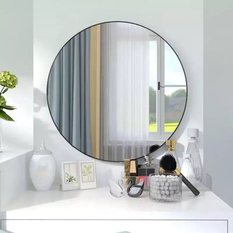 Okak 24IN Modern Bathroom Mirror with Aluminum Alloy Frame, Round Mirror, Vanity Mirror for Living Room, Bathroom, Bedroom, Black