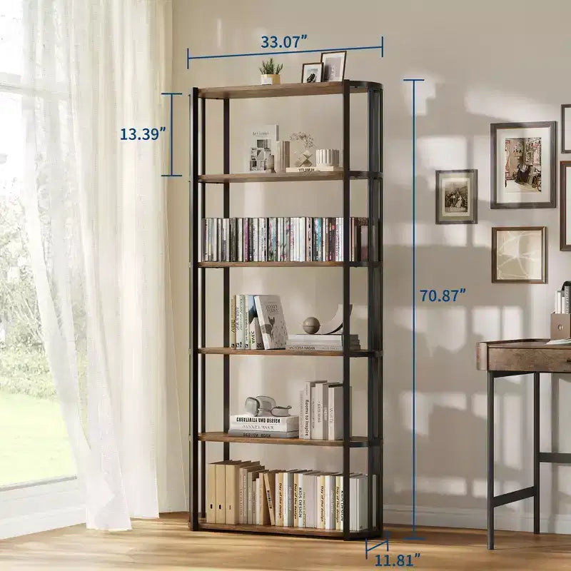 6 Tier Book Shelf, Modern Tall Bookshelf, Industrial Bookcase Corner Storage Organizer, Free Standing Storage Shelving Unit for Bedroom Living Room