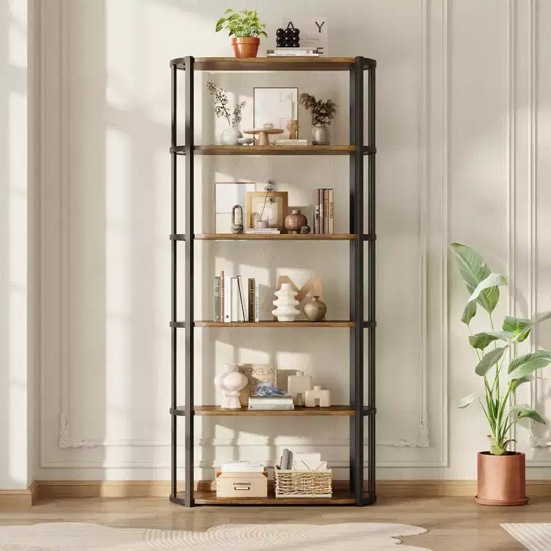 6 Tier Book Shelf, Modern Tall Bookshelf, Industrial Bookcase Corner Storage Organizer, Free Standing Storage Shelving Unit for Bedroom Living Room