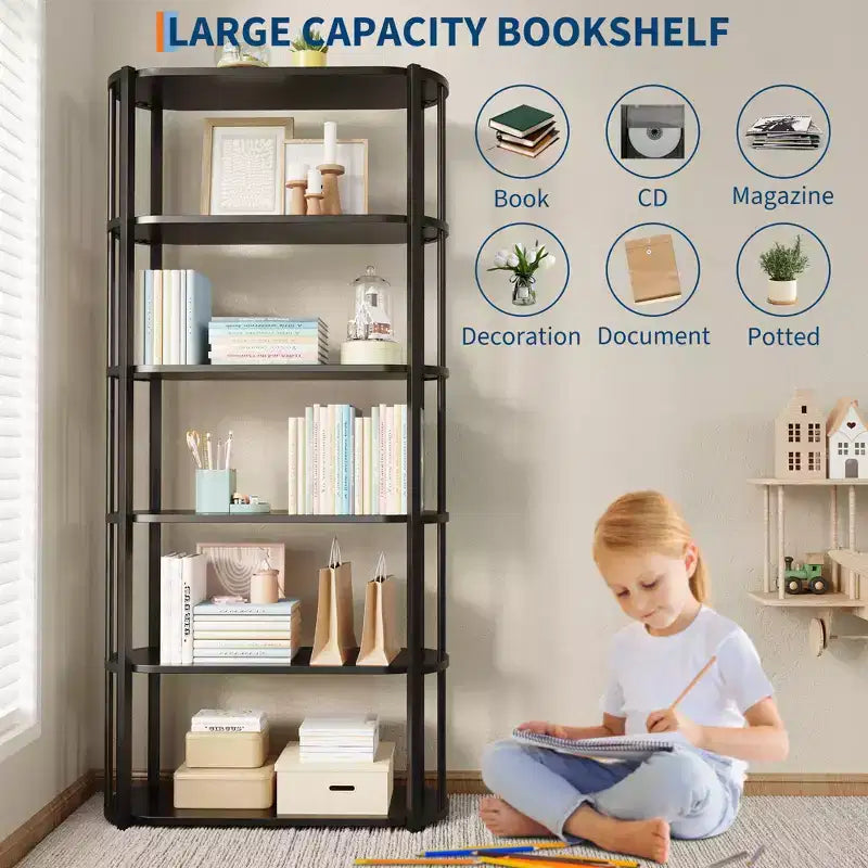 6 Tier Book Shelf, Modern Tall Bookshelf, Industrial Bookcase Corner Storage Organizer, Free Standing Storage Shelving Unit for Bedroom Living Room