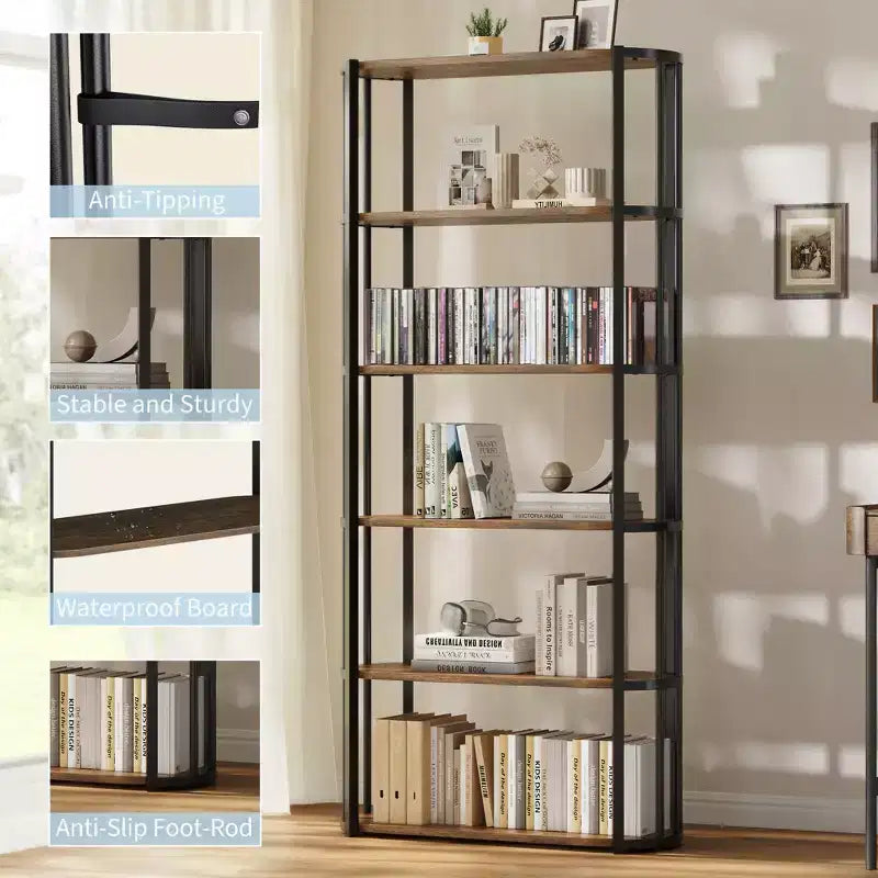 6 Tier Book Shelf, Modern Tall Bookshelf, Industrial Bookcase Corner Storage Organizer, Free Standing Storage Shelving Unit for Bedroom Living Room