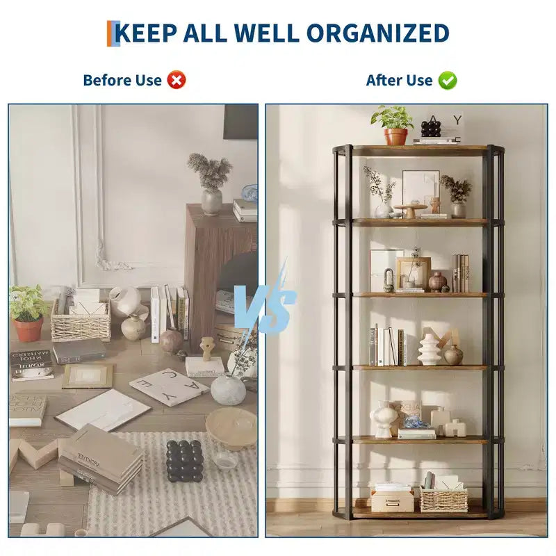 6 Tier Book Shelf, Modern Tall Bookshelf, Industrial Bookcase Corner Storage Organizer, Free Standing Storage Shelving Unit for Bedroom Living Room