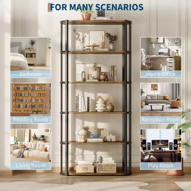 6 Tier Book Shelf, Modern Tall Bookshelf, Industrial Bookcase Corner Storage Organizer, Free Standing Storage Shelving Unit for Bedroom Living Room