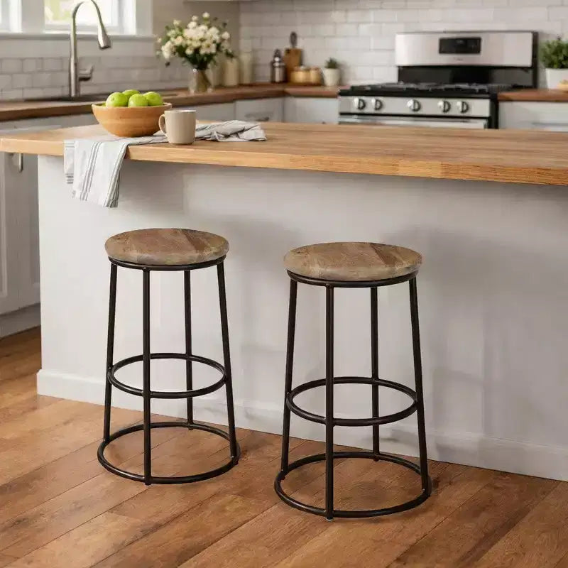 Royal Hampton 24 Inch Mango Wood Counter Height Barstool With Iron Base, Brown And Black