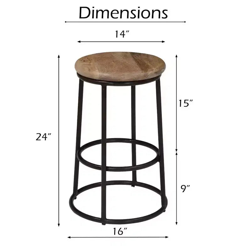 Royal Hampton 24 Inch Mango Wood Counter Height Barstool With Iron Base, Brown And Black