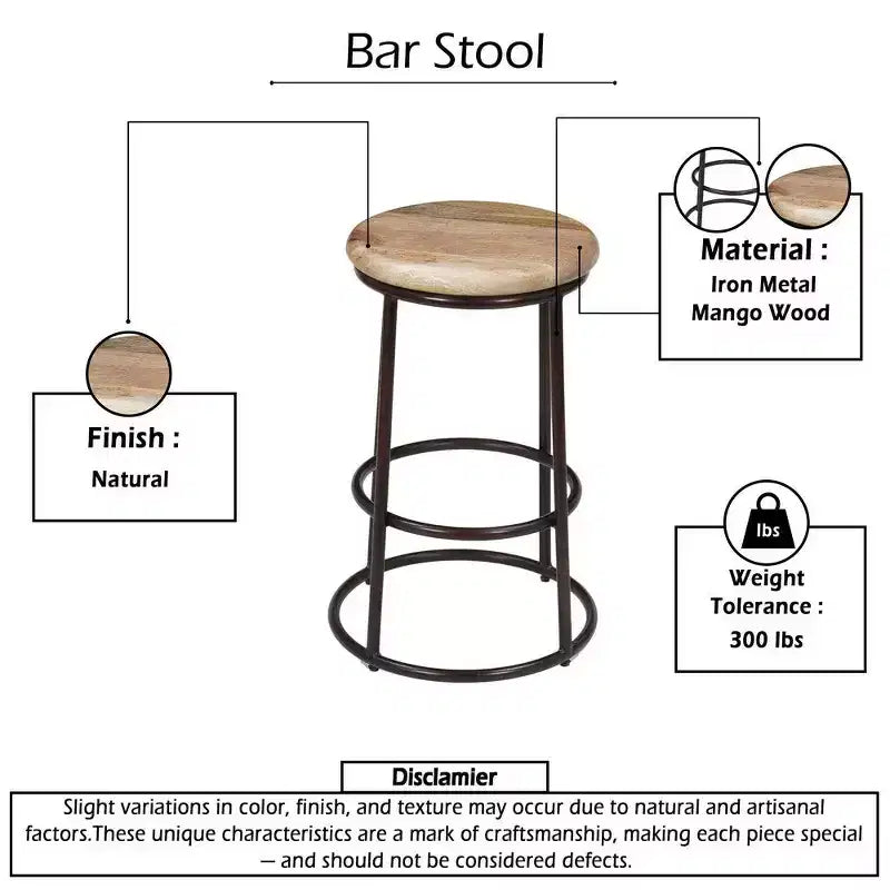 Royal Hampton 24 Inch Mango Wood Counter Height Barstool With Iron Base, Brown And Black
