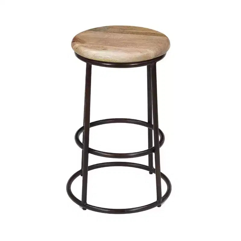 Royal Hampton 24 Inch Mango Wood Counter Height Barstool With Iron Base, Brown And Black