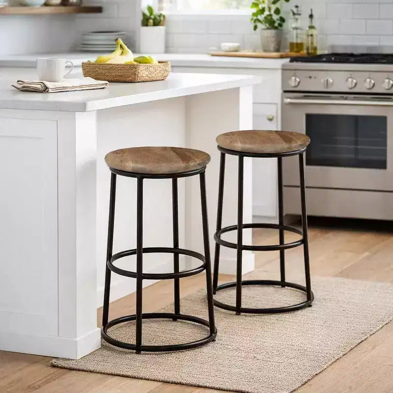 Royal Hampton 24 Inch Mango Wood Counter Height Barstool With Iron Base, Brown And Black