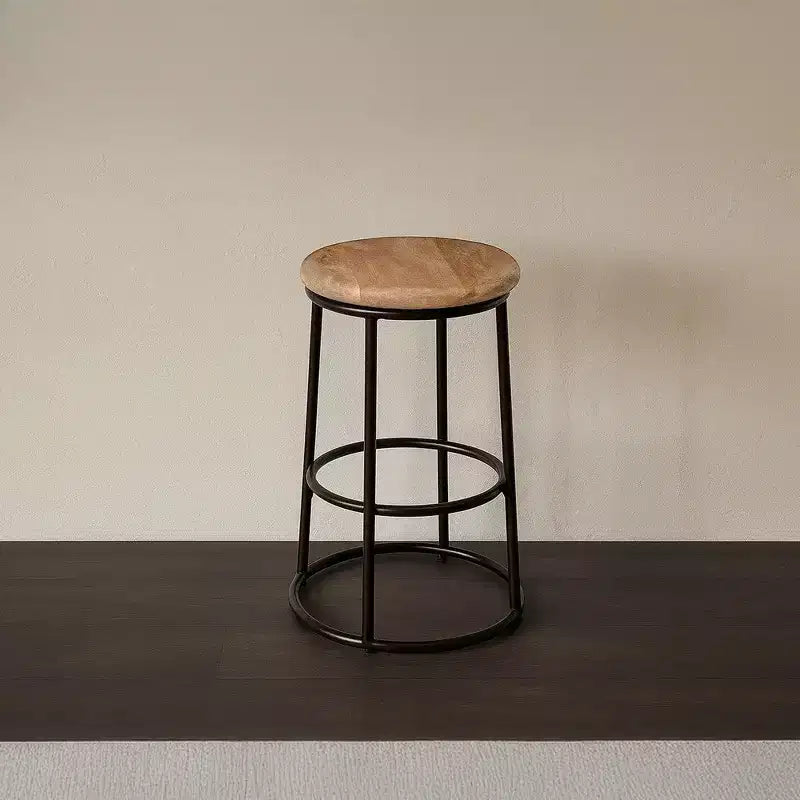 Royal Hampton 24 Inch Mango Wood Counter Height Barstool With Iron Base, Brown And Black