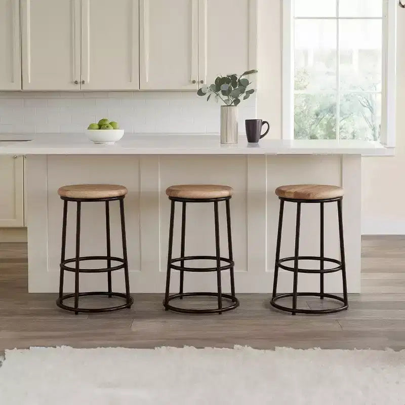 Royal Hampton 24 Inch Mango Wood Counter Height Barstool With Iron Base, Brown And Black