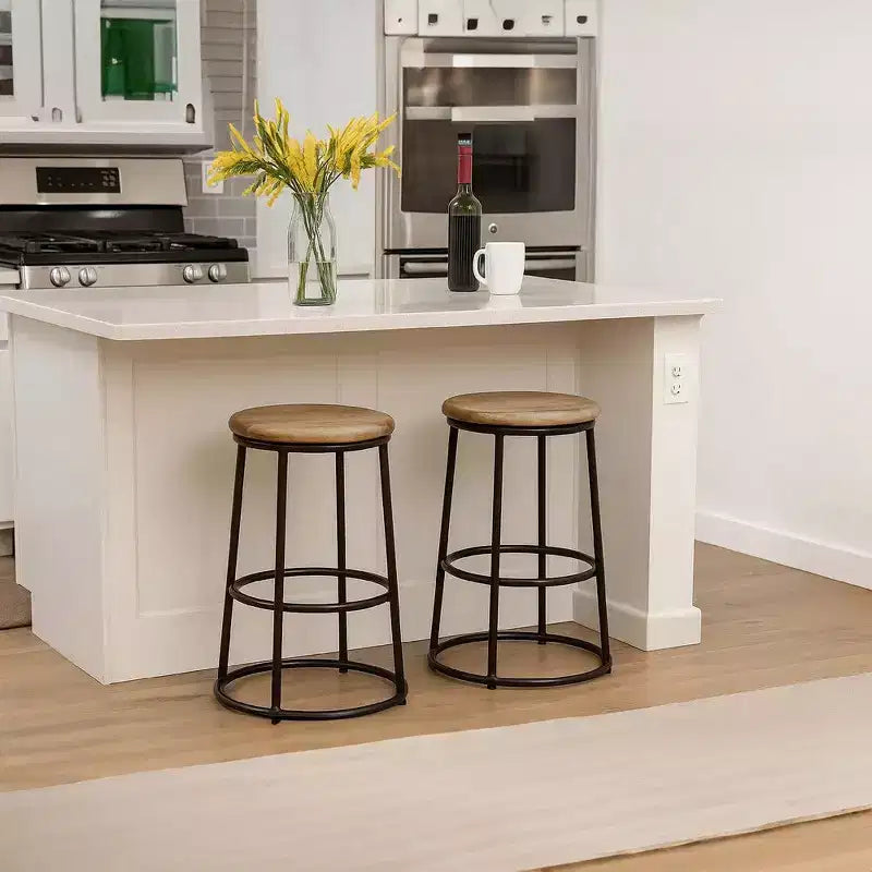 Royal Hampton 24 Inch Mango Wood Counter Height Barstool With Iron Base, Brown And Black