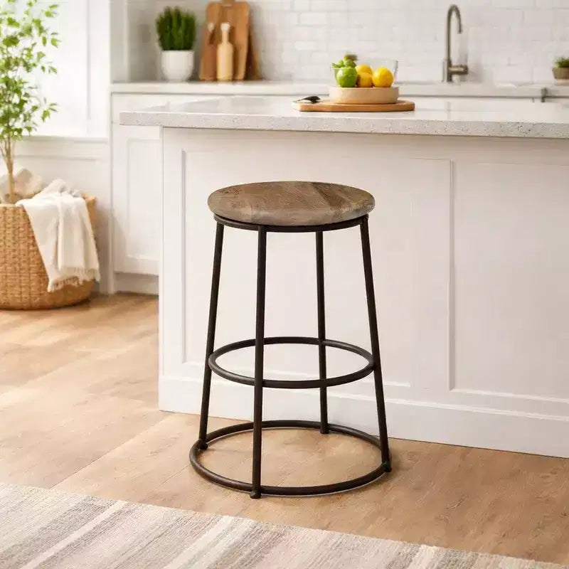 Royal Hampton 24 Inch Mango Wood Counter Height Barstool With Iron Base, Brown And Black