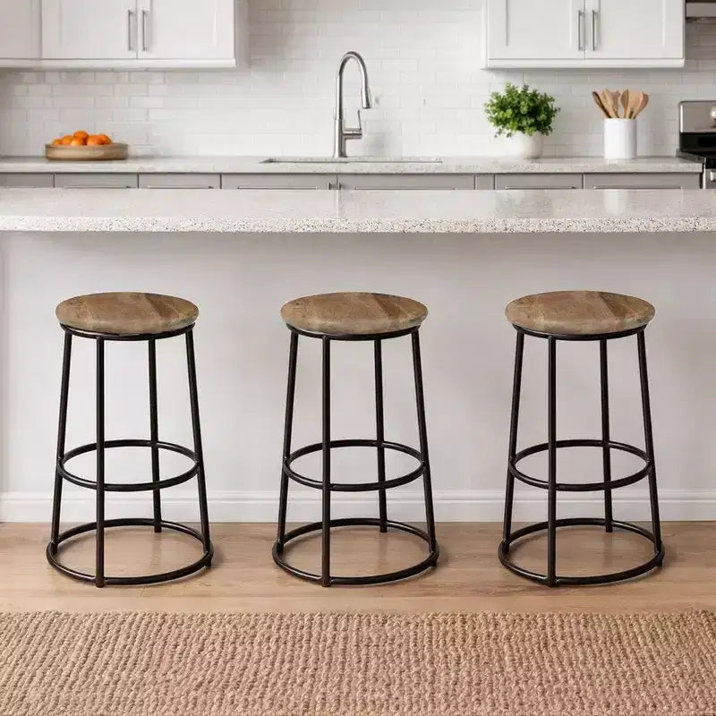 Royal Hampton 24 Inch Mango Wood Counter Height Barstool With Iron Base, Brown And Black