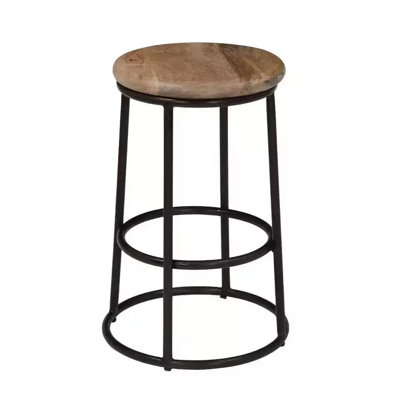Royal Hampton 24 Inch Mango Wood Counter Height Barstool With Iron Base, Brown And Black