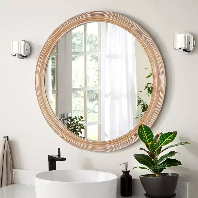 GDFStudio Jensen Farmhouse Wooden Decorative Round Wall Mirror