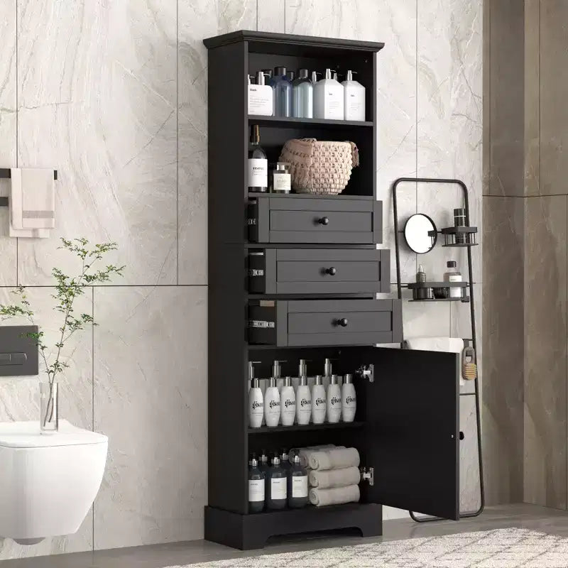 Black Tall Storage Cabinet with 3 Drawers and Adjustable Shelves for Bathroom Study Office and Interior MDF Board with Painted Finish