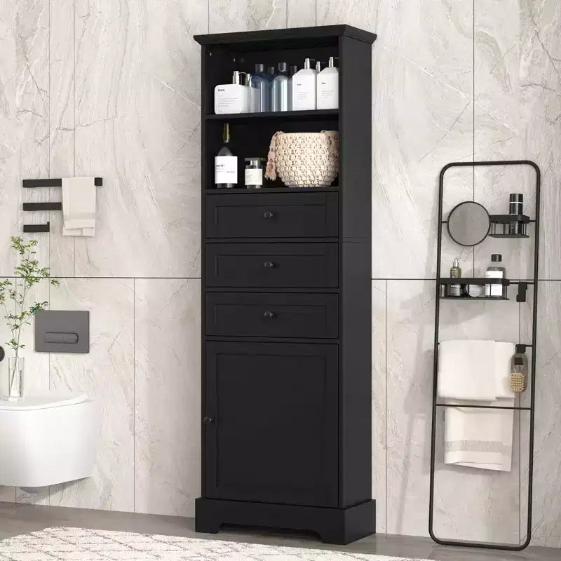 Black Tall Storage Cabinet with 3 Drawers and Adjustable Shelves for Bathroom Study Office and Interior MDF Board with Painted Finish