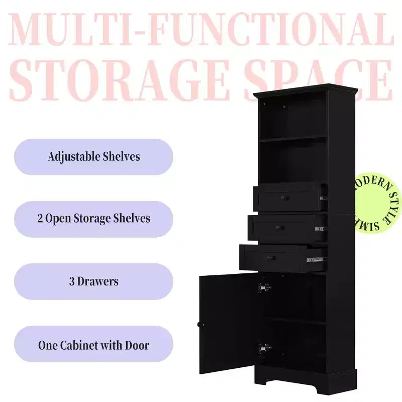 Black Tall Storage Cabinet with 3 Drawers and Adjustable Shelves for Bathroom Study Office and Interior MDF Board with Painted Finish
