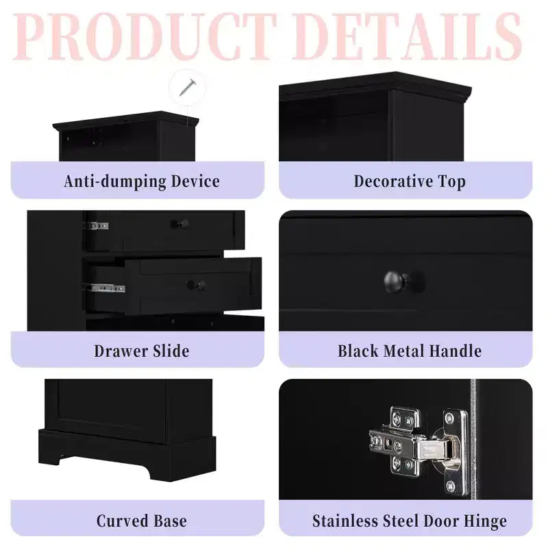 Black Tall Storage Cabinet with 3 Drawers and Adjustable Shelves for Bathroom Study Office and Interior MDF Board with Painted Finish