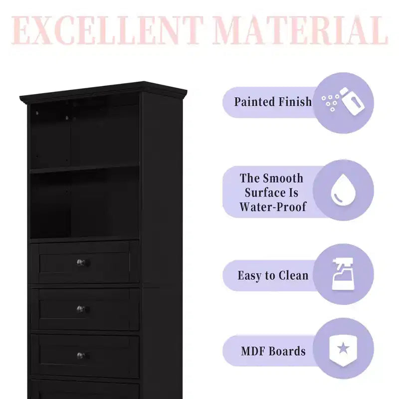 Black Tall Storage Cabinet with 3 Drawers and Adjustable Shelves for Bathroom Study Office and Interior MDF Board with Painted Finish