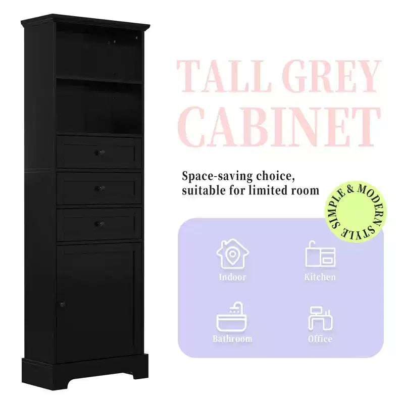 Black Tall Storage Cabinet with 3 Drawers and Adjustable Shelves for Bathroom Study Office and Interior MDF Board with Painted Finish