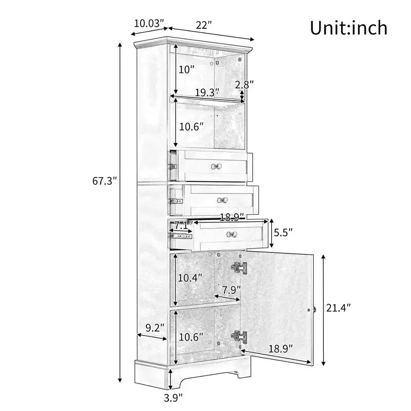 Black Tall Storage Cabinet with 3 Drawers and Adjustable Shelves for Bathroom Study Office and Interior MDF Board with Painted Finish