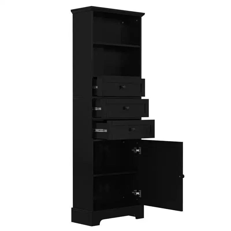 Black Tall Storage Cabinet with 3 Drawers and Adjustable Shelves for Bathroom Study Office and Interior MDF Board with Painted Finish