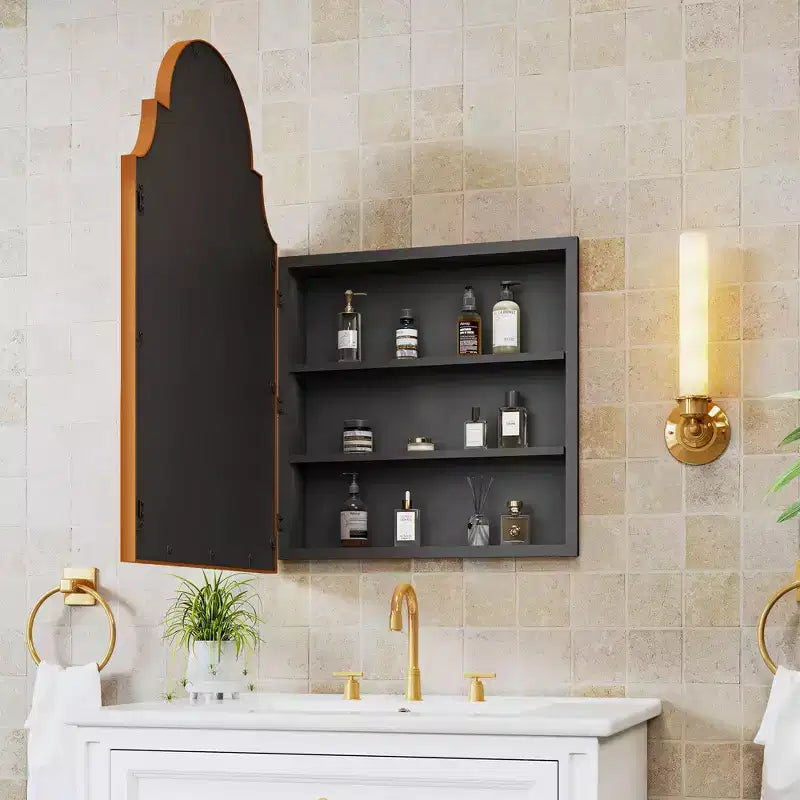 PexFix 29.9 x 19.7 Retro Metal Arched Medicine Cabinet Wall Mount Bathroom Mirror with Storage Adjustable Shelves in Golden