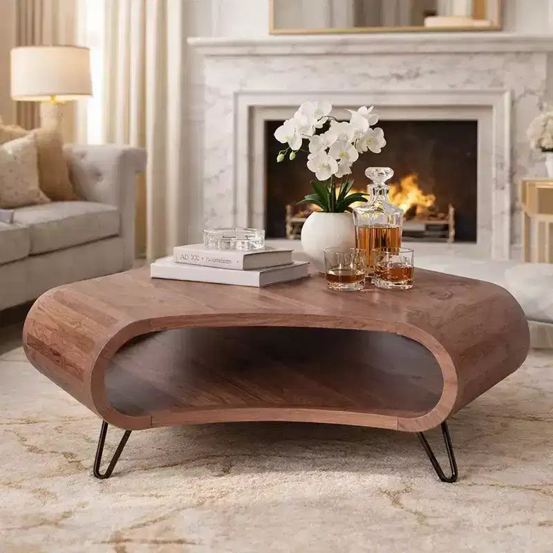 Royal Hampton 37 Inch Coffee Table, Handcrafted Curved Hexagon Shape with Open Shelf, Natural Brown Acacia Wood, Iron Legs