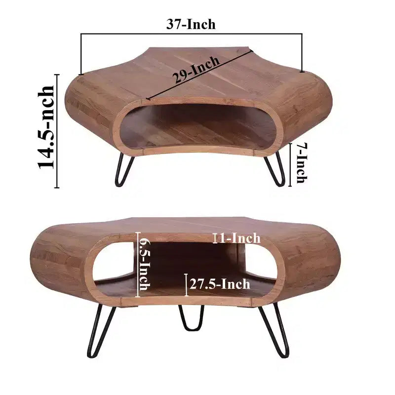 Royal Hampton 37 Inch Coffee Table, Handcrafted Curved Hexagon Shape with Open Shelf, Natural Brown Acacia Wood, Iron Legs