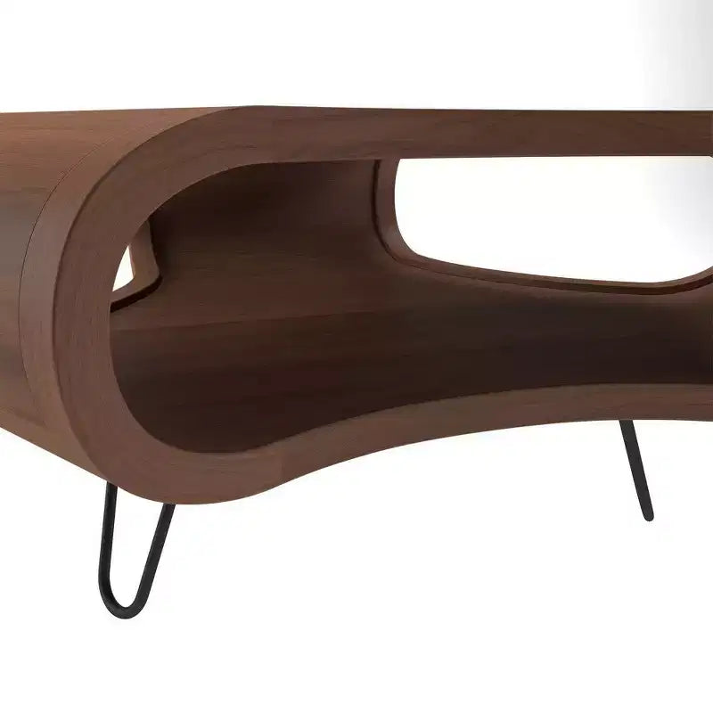 Royal Hampton 37 Inch Coffee Table, Handcrafted Curved Hexagon Shape with Open Shelf, Natural Brown Acacia Wood, Iron Legs