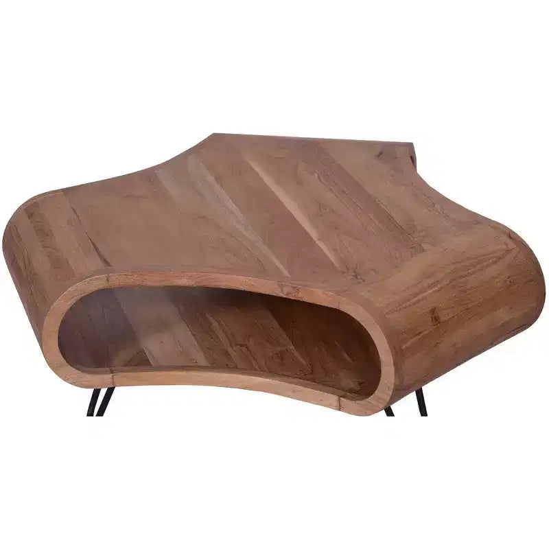 Royal Hampton 37 Inch Coffee Table, Handcrafted Curved Hexagon Shape with Open Shelf, Natural Brown Acacia Wood, Iron Legs