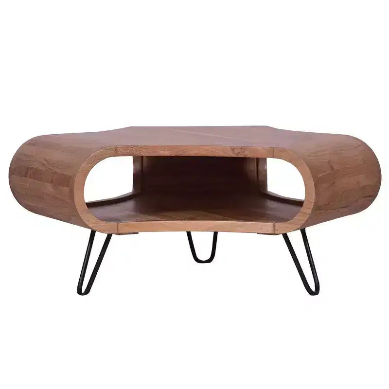 Royal Hampton 37 Inch Coffee Table, Handcrafted Curved Hexagon Shape with Open Shelf, Natural Brown Acacia Wood, Iron Legs