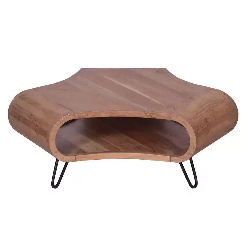 Royal Hampton 37 Inch Coffee Table, Handcrafted Curved Hexagon Shape with Open Shelf, Natural Brown Acacia Wood, Iron Legs