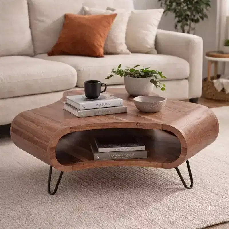 Royal Hampton 37 Inch Coffee Table, Handcrafted Curved Hexagon Shape with Open Shelf, Natural Brown Acacia Wood, Iron Legs