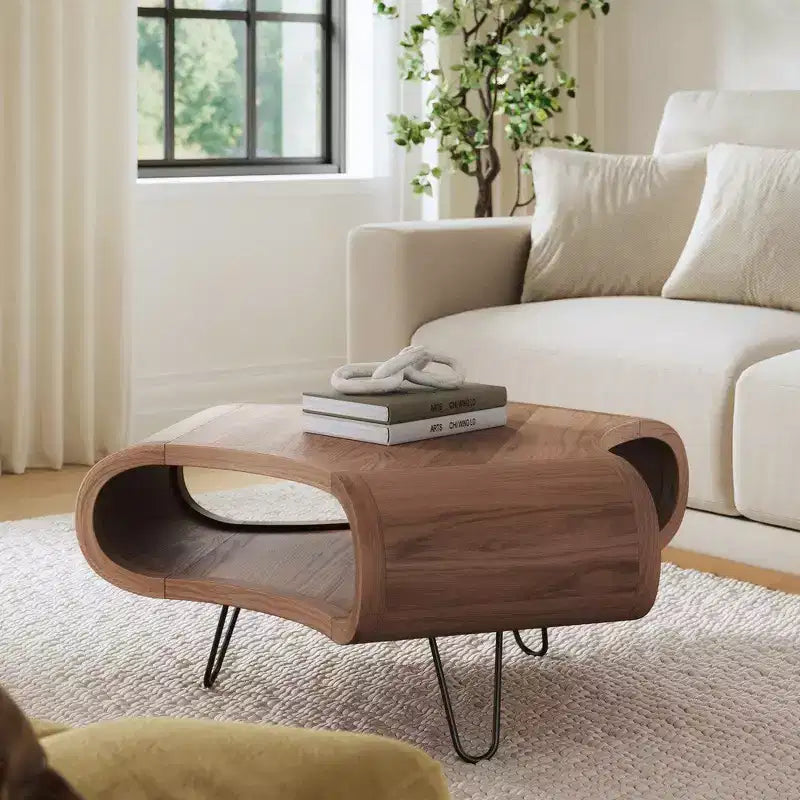 Royal Hampton 37 Inch Coffee Table, Handcrafted Curved Hexagon Shape with Open Shelf, Natural Brown Acacia Wood, Iron Legs