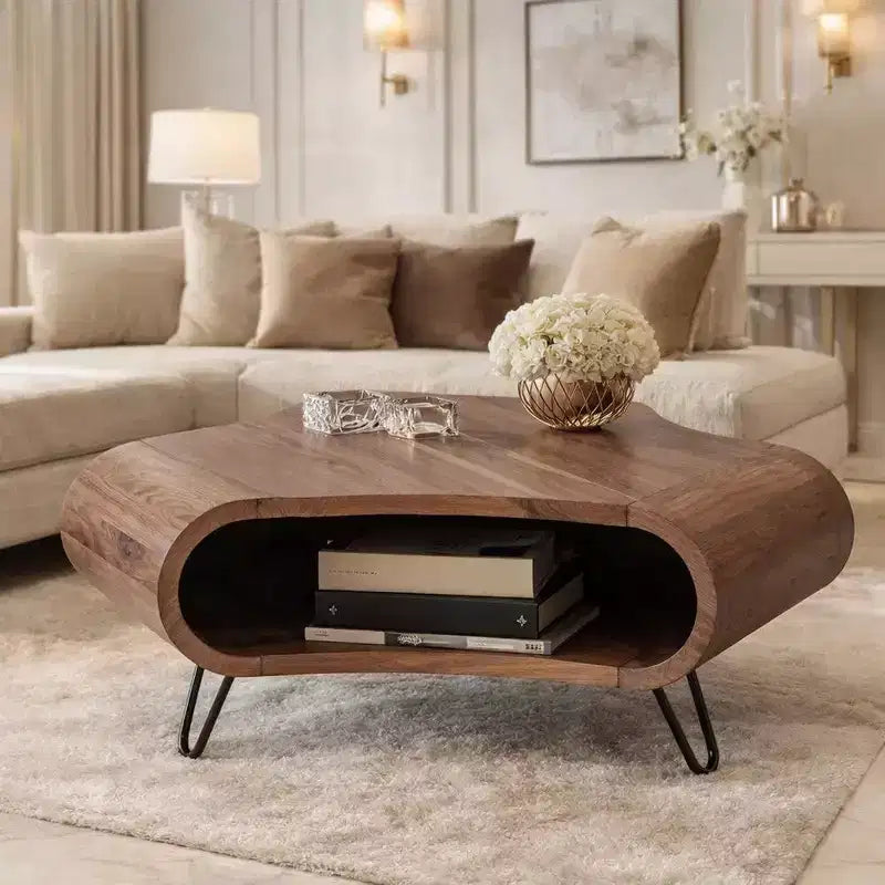 Royal Hampton 37 Inch Coffee Table, Handcrafted Curved Hexagon Shape with Open Shelf, Natural Brown Acacia Wood, Iron Legs