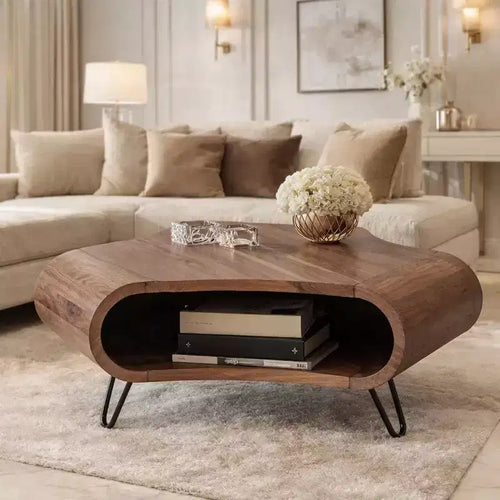 Royal Hampton 37 Inch Coffee Table, Handcrafted Curved Hexagon Shape with Open Shelf, Natural Brown Acacia Wood, Iron Legs