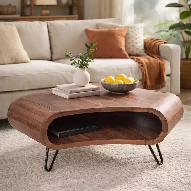 Royal Hampton 37 Inch Coffee Table, Handcrafted Curved Hexagon Shape with Open Shelf, Natural Brown Acacia Wood, Iron Legs