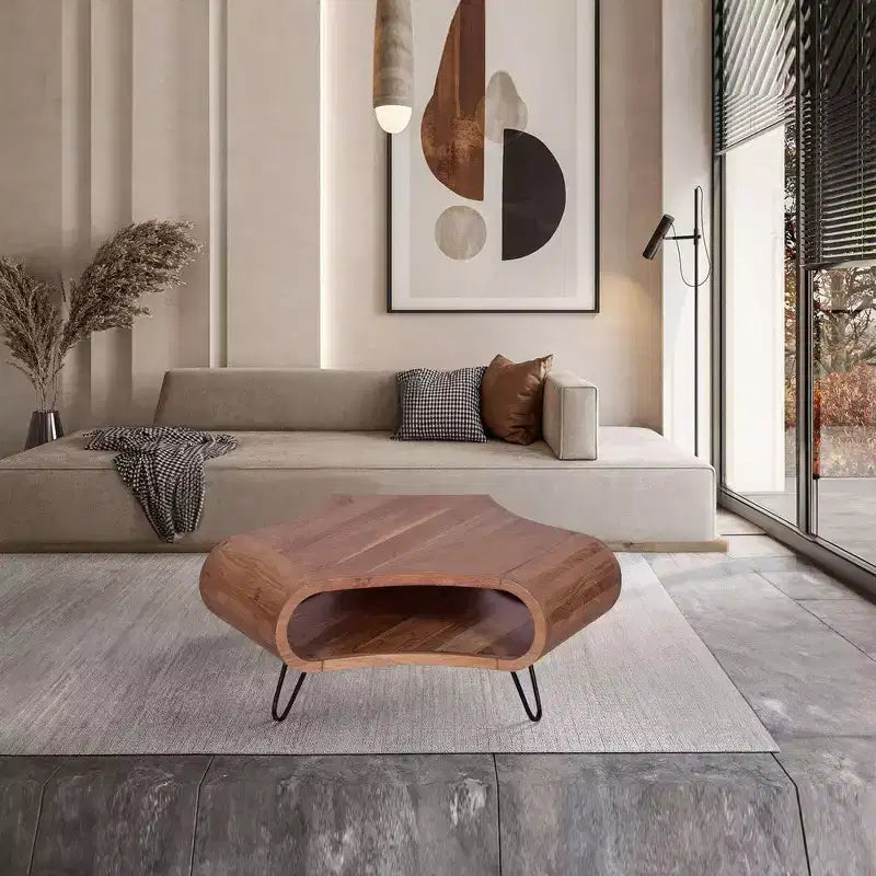 Royal Hampton 37 Inch Coffee Table, Handcrafted Curved Hexagon Shape with Open Shelf, Natural Brown Acacia Wood, Iron Legs