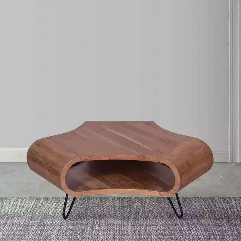 Royal Hampton 37 Inch Coffee Table, Handcrafted Curved Hexagon Shape with Open Shelf, Natural Brown Acacia Wood, Iron Legs