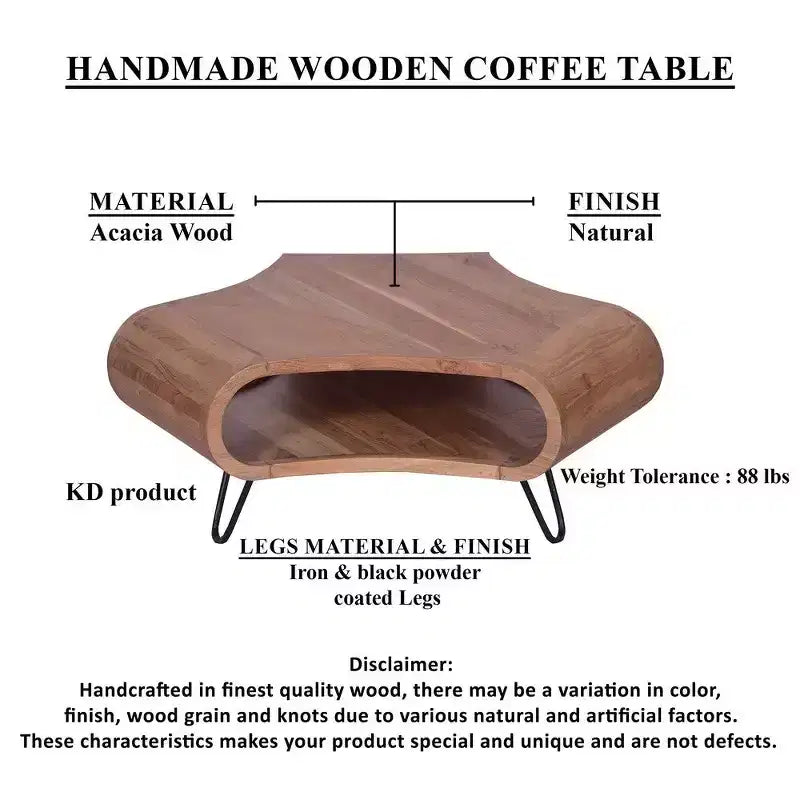 Royal Hampton 37 Inch Coffee Table, Handcrafted Curved Hexagon Shape with Open Shelf, Natural Brown Acacia Wood, Iron Legs