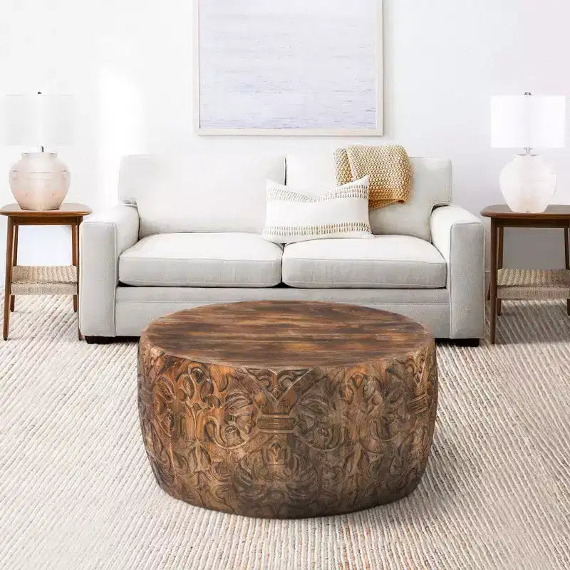 Royal Hampton Rea 34 Inch Handcrafted Mango Wood Coffee Table, Round Drum Shape, Carved Damask Pattern