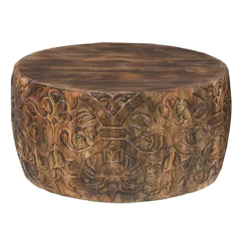 Royal Hampton Rea 34 Inch Handcrafted Mango Wood Coffee Table, Round Drum Shape, Carved Damask Pattern